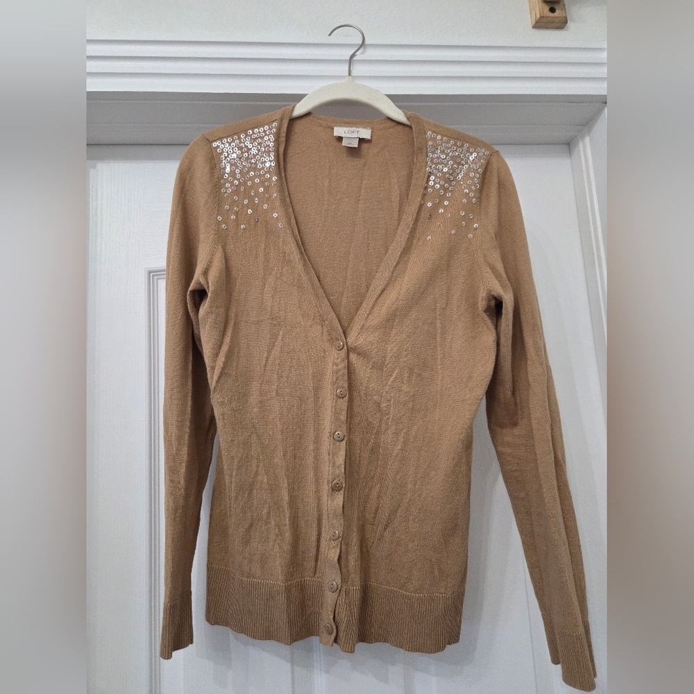 LOFT Tan Cardigan with Sparkling Accents